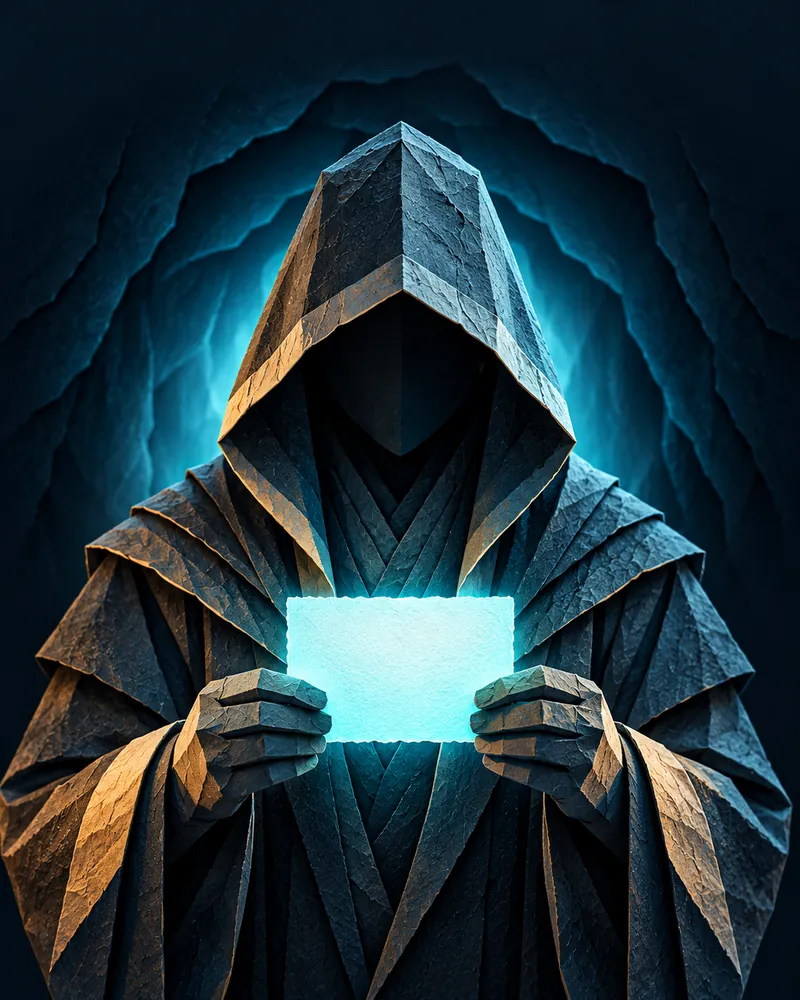Ilustração do guia encapuzado da Caverna da IA segurando um cartão de luz