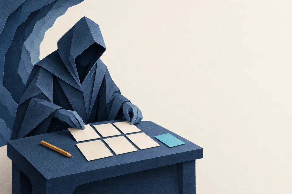 Ilustração em papel recortado de um guia encapuzado organizando fichas numa mesa