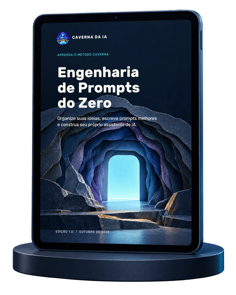 E-book Engenharia de Prompts do Zero, da Caverna da IA, aberto num tablet