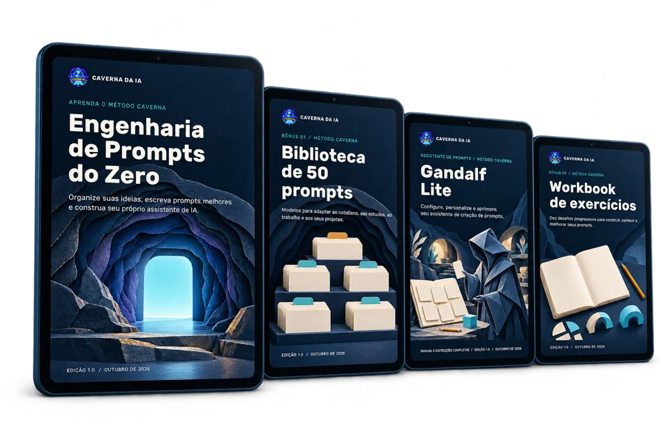 O kit em quatro telas: o livro, a Biblioteca de 50 prompts, o Gandalf Lite e o Workbook