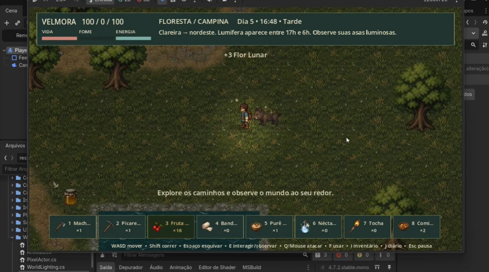 Jogo 2D Velmora no Godot, com barra de vida, mapa de floresta e inventário