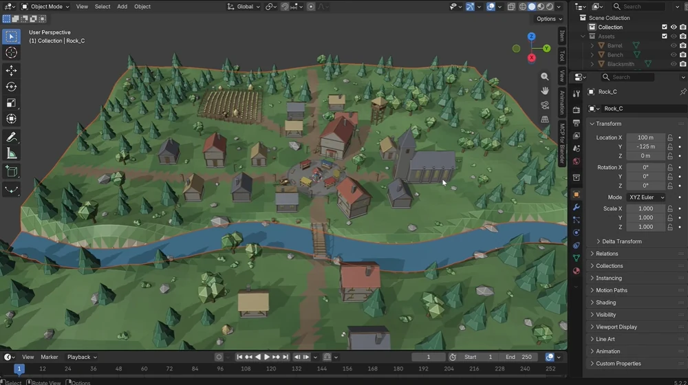 Vila low poly no Blender, com rio, ponte, casas e árvores
